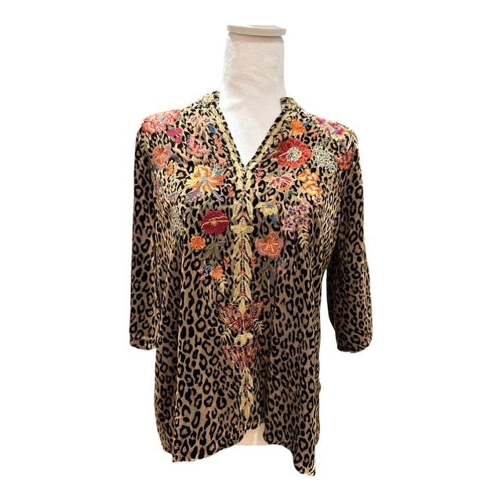 Johnny Was Women's Velvet Embroidered Silk Blend Leopard Print Top-Size XXS